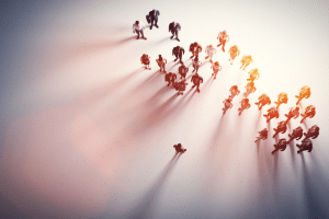 high performing teams on a white floor as seen from the ceiling